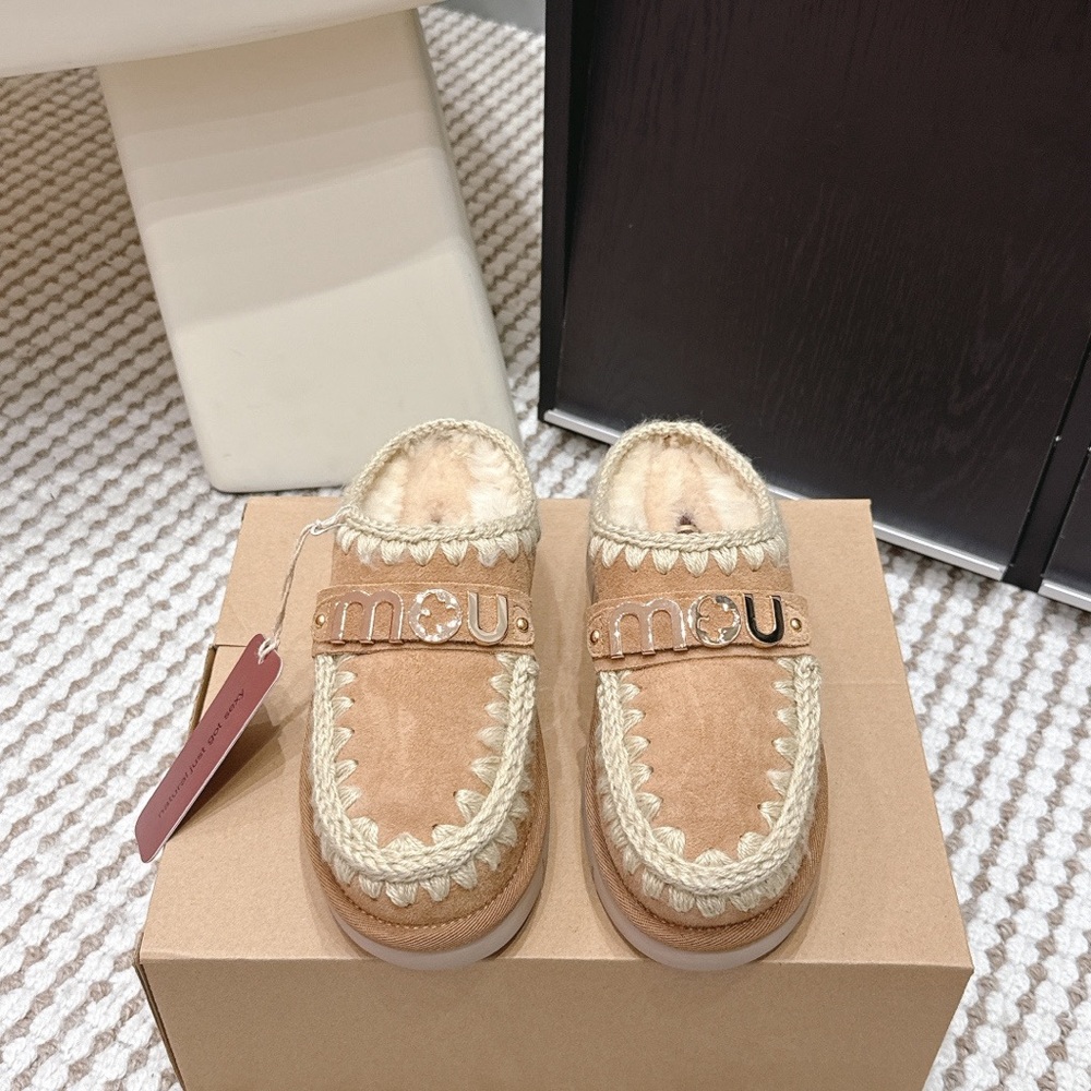 Mou Tan Suede Shearling Moccasin Slippers